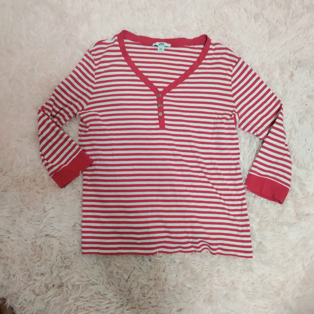 🔥Anne Klein Dark Hot Pink &White Striped Plunging Neck 1/4 Sleeve Tshirt. Sz.XL